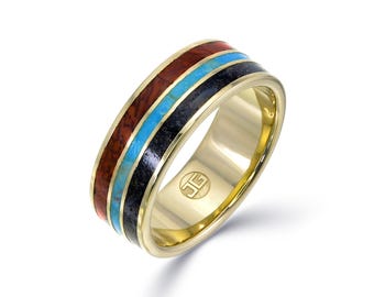 BAGUE DE FOSSILES en or 14 carats : os de dinosaure brontosaure, dent de mégalodon, turquoise. Alliance en argent sterling. Spécial et unique.