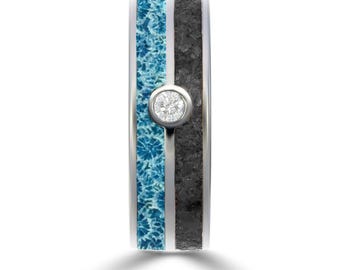 MEGALODON & CORAL : dent de requin broyée, corail fossilisé, vrai diamant. Bague de fiançailles alternative. Alliance pour homme. Argent sterling.