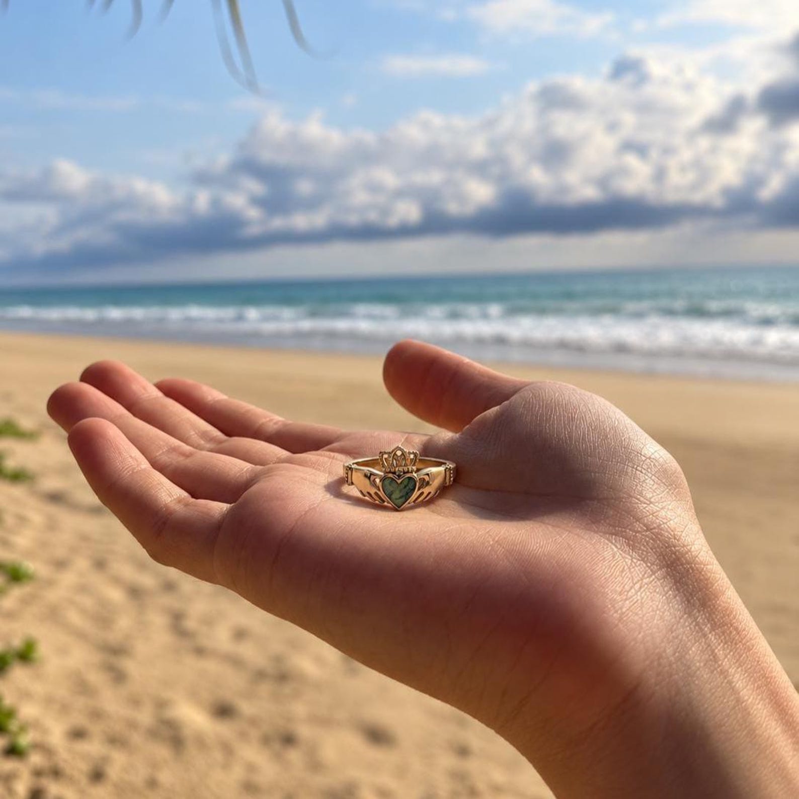 14k Gold Claddagh Ring with Connemara Marble Heart Ring. Dainty and elegant. Lucky ring.