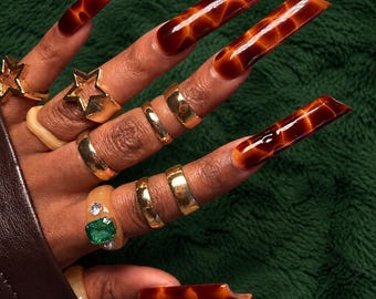 Long Lipstick Tortoise Nails - Handmade Gel Press-on Nails
