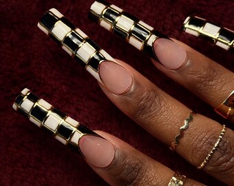 XXL チェス ノット チェッカーズ - ハンドメイド ジェル プレスオンネイル