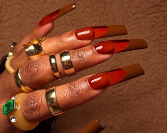 Long Chocolate French Tips - Handmade Gel Press-on Nails
