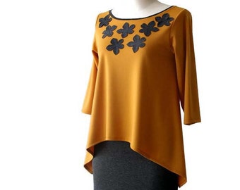 Jersey top, Plus size clothing, Plus size top, Yellow top, Mustard top, Womens blouse, Boat neck top, 3/4 sleeve top, Long sleeve tunic