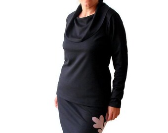 Winter top, Long sleeve top, Jersey womens top/shirt, Plus size top, Womens blouses/tops/tees, Draped cowl top, Black jersey top