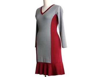 SALE Long sleeve dress, Ruffle V neck dress, Day jersey dress, Winter dress, Grey dress, Burgundy dress, Dress size L large, Ready to ship