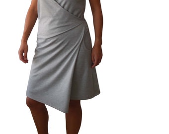 Grey dress, Wrap around dress, Knee length dress, Asymmetric dress, Jersey sundress, Dress with pocket, V neck dress, Plus size dress