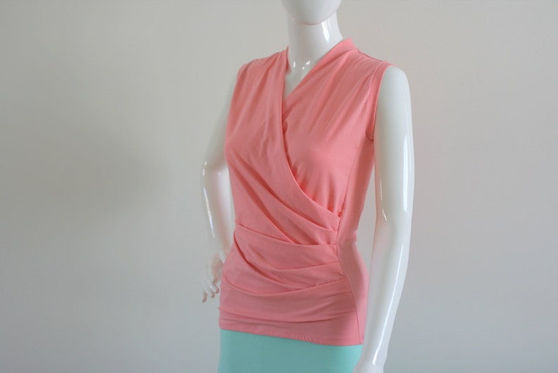 Plus Size Clothing, Wrap Top, Wrap Sleeveless Top, Plus Size Shirt, Coral Pink Top, Plus Size Wrap Top Sleeveless Tank Top Plus Size Blouse image 2