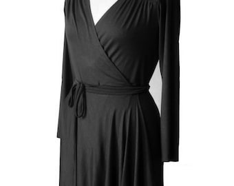 Wrap dress V neck long sleeves, Black wrap dress,  Custom dress, Plus size clothing, Asymmetric wrap dress, Black ruffle dress, Dress