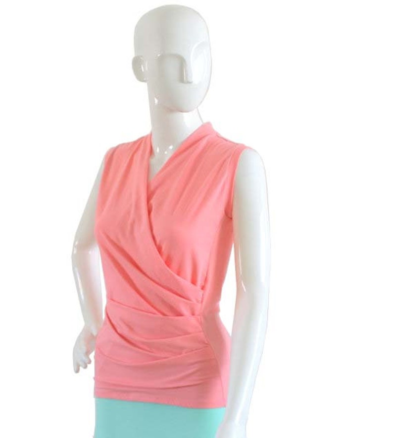 Plus Size Clothing, Wrap Top, Wrap Sleeveless Top, Plus Size Shirt, Coral Pink Top, Plus Size Wrap Top Sleeveless Tank Top Plus Size Blouse image 1