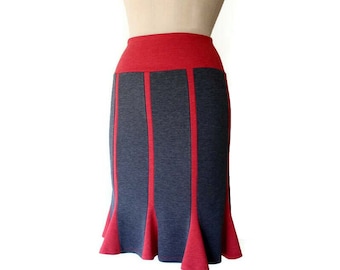 Grey Pencil Skirt, Red skirt, Stretchy skirt with wide elastic waist, Pencil skirt, Jersey Skirt, Knee skirt, Knee Length Skirt, Red gray