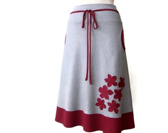 A line Skirt with Pockets, Elastic waist Jersey Skirt, Plus size Skirt, Grey Skirt with Applique, Handmade Skirt, Plus size clothing