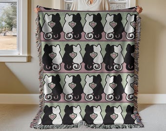 Kindred Cats Woven Blanket, Cozy Cat Lover Throw, Reversible Tapestry Style Cat Blanket, 100% Cotton Woven Throw for Sofa, Bed, or Wall