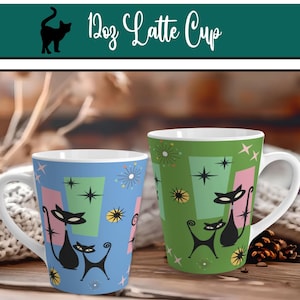 Retro Atomic Cat Mug, 12oz Latte Cup in 3 Colors,  Mid Century Modern Black Cat Coffee Mug, Vintage Style Cat Lover Gift