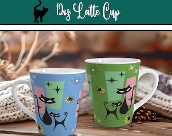 Retro Atomic Cat Mug, 12oz Latte Cup in 3 Colors,  Mid Century Modern Black Cat Coffee Mug, Vintage Style Cat Lover Gift