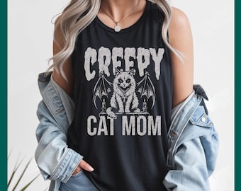 Creepy Cat Mom Tank Top, Gothic Black Cat Shirt, Spooky Cat Lover Gift, Witchy Occult Graphic Comfort Colors 9360 Tank
