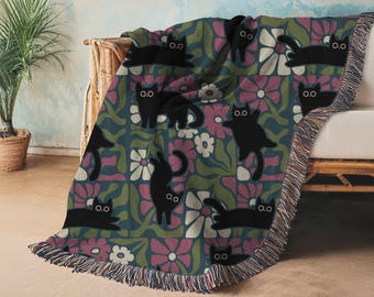 Midnight Garden Black Cat Woven Blanket, Dark Floral Throw, 100% Cotton Jacquard Tapestry, Cozy Boho Home Decor, Cat Lover Gift