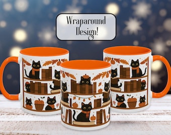 Gemütliche Herbsttasse mit schwarzer Katze, Kaffeetasse mit Bücherregal-Motiv, Geschenk für Bücherliebhaber, Tasse mit Katzenmotiv, Kürbis-Lesetasse, 325 ml (11 oz) und 440 ml (15 oz)
