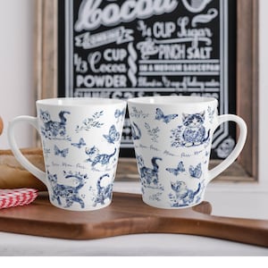 Whimsical Cat Blue Toile 12oz Latte Mug, Cute Cat Lover Gift for Her, Unique Coffee Cup, Cat Lover Gift, Chinoiserie Butterfly Mug