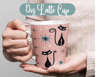 Atomic Cats 12oz Latte Mug Gift for Mom, Cat Lover Cup, Cute Cat Gift for Cat Person, Mid-Century Modern Housewares