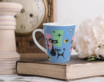 Atomic Cat Latte Mug, Mid-century Modern, Cute Cat Lovers Gift for Cat Mom, Cat Person Gift for Catlover, Unique Coffee Mug, Cat Mugs