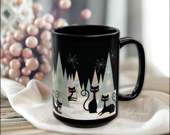 Black Cat Winter Mug, Mid Century Modern Cat Gift, Retro Atomic Coffee Mug, Vintage Style Cat Lover Gift Idea, MCM Homeware