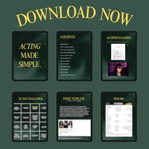 May include: A digital guide titled "Acting Made Simple" with a 16-day challenge, email template, resume, and audition example. The guide includes steps for acting classes, headshots, demo reels, and more.