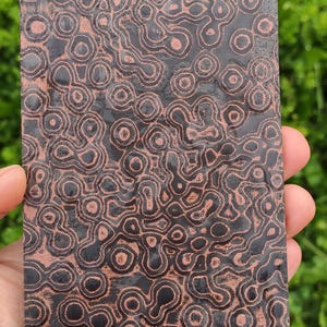 May include: A rectangular piece of material with a dark brown and copper-colored pattern of swirling shapes and circles. The material is held in a hand against a backdrop of green foliage.