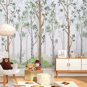 Watercolor Forest Trees Wallpaper for Children, Forest Trees Mural for Kids Room, Woodland Mural, Peel and Stick Wallpaper, Fabric Mural