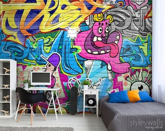 Graffiti Mural, Graffiti Wall Art, Graffiti  Wallpaper Mural, Abstract Wall Mural, Teenage Room Decor, Repositionable Removable Fabric