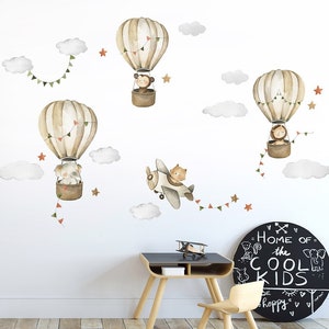 Watercolor Air Balloons, Animals Wall Decal, Hot Air Balloons Wall Sticker, Jungle Safari Animals Wall Decal Sticker, Kids Nursery Baby Room