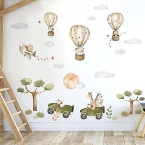 Safari Wall Decal, Animals Wall Decal, Watercolor Hot Air Balloons Sticker, Airplane Wall Decal, Jungle Animals Sticker, Kids Nursery Decal