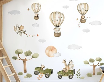 Safari Wall Decal, Animals Wall Decal, Watercolor Hot Air Balloons Sticker, Airplane Wall Decal, Jungle Animals Sticker, Kids Nursery Decal