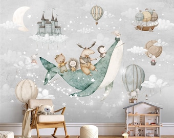 Watercolor Air Balloons Mural for Kids Room, Whale and Animals Wallpaper for Children, Moon and Stars Peel and Stick Wallpaper, Fabric Mural