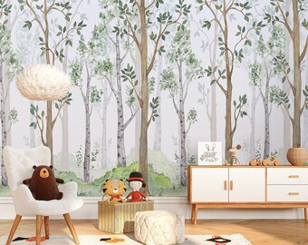 Watercolor Forest Trees Wallpaper for Children, Forest Trees Mural for Kids Room, Woodland Mural, Peel and Stick Wallpaper, Fabric Mural