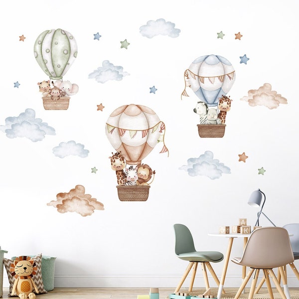 Sticker mural aquarelle montgolfières et animaux, Sticker mural montgolfières animaux de la jungle, décoration de chambre de bébé