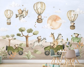 Watercolor Safari Wallpaper for Children, Safari Animals Mural for Kids Room, Jungle Animals Mural, Peel and Stick Wallpaper, Fabric Mural