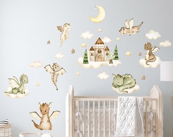 DRAGONS and Clouds Wall Decal, Dragons Wall Stickers, Watercolor Dragons, Castle Wall Decal, Fairy Tale Wall Sticker, Moon and Stars Decal