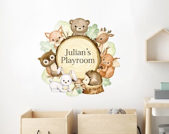 FOREST Animals Wreath Wall Decal, Custom Name Decal, Woodland Animals Wall Sticker, Forest Nursery Wall Decor, Frame Decal, Door Sticker