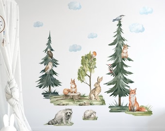 WOODLAND Animals Wall decal, Forest Animals Wall Decal, Watercolor Decal, Pine Trees Wall Decal, Forest Sticker, Children Room Wall Sticker