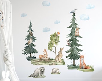 BOS dieren muur sticker, bos dieren muur sticker, aquarel sticker, pijnbomen muur sticker, bos sticker, kinderkamer muur sticker