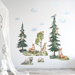 WOODLAND Animals Wall decal, Forest Animals Wall Decal, Watercolor Decal, Pine Trees Wall Decal, Forest Sticker, Children Room Wall Sticker