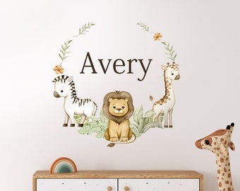 SAFARI dieren muur sticker, aangepaste naam sticker, krans muur sticker, jungle dieren sticker, kinderkamer wand decor, frame muur sticker