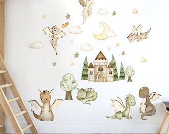 DRAGONS Wall Decal, Dragons Sticker, Watercolor Dragons Wall Decal, Castle Wall Decal, Fairy Tale Wall Sticker, Moon and Stars Wall Decal