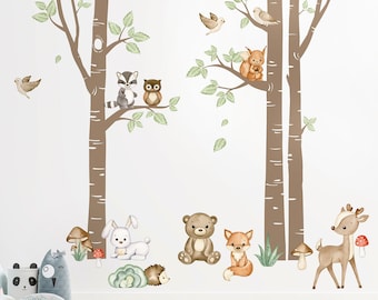 BOS dieren muur sticker, berken muur sticker, berken bomen muur sticker, bos dieren muur sticker, bosrijke kwekerij decor