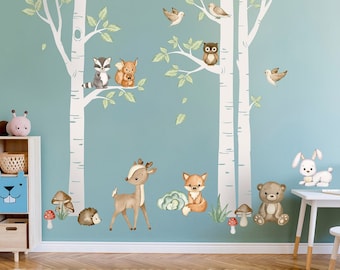 FOREST Trees and Animals Wall Decal, Forest Animals Wall Sticker, Birch Trees Wall Decal, Birch Trees Wall Sticker, Woodland Animals Sticker