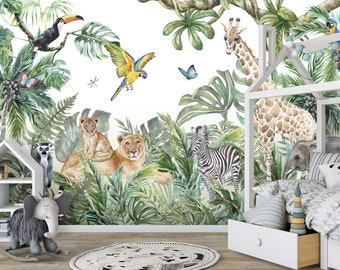 Jungle dieren behang voor kinderen, Safari dieren muurschildering, muurschildering voor kinderkamer, Peel en Stick behang, stof muurschildering, tropische dieren