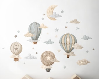 Hot Air Balloons Wall Decal, Watercolor Air Balloons Sticker for Nursery, Vintage Air Balloons Decal, Moon and Stars Peel and Stick Stickers
