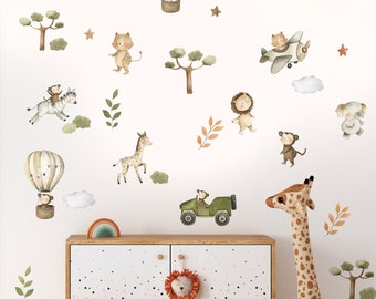 Safari Animals Wall Decal, Watercolor Safari Stickers, Hot Air Balloons Wall Decal, Airplane Wall Decal, Jungle Animals Nursery Sticker