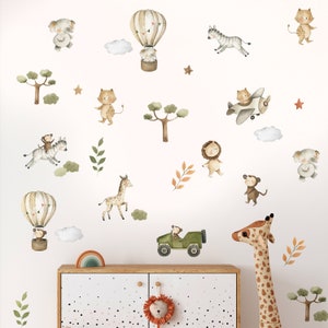 Safari Animals Wall Decal, Watercolor Safari Stickers, Hot Air Balloons Wall Decal, Airplane Wall Decal, Jungle Animals Nursery Sticker