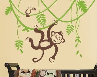 Sticker mural singe et branche, sticker mural singe de la jungle, singe de la jungle se balançant sur une liane et sticker mural toucan mignon pour chambre d'enfants